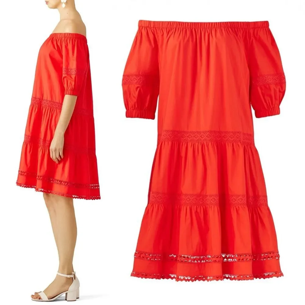 Kate Spade Broom Street Cotton Poplin Tiered Dress Cherry Pepper Red Size Small